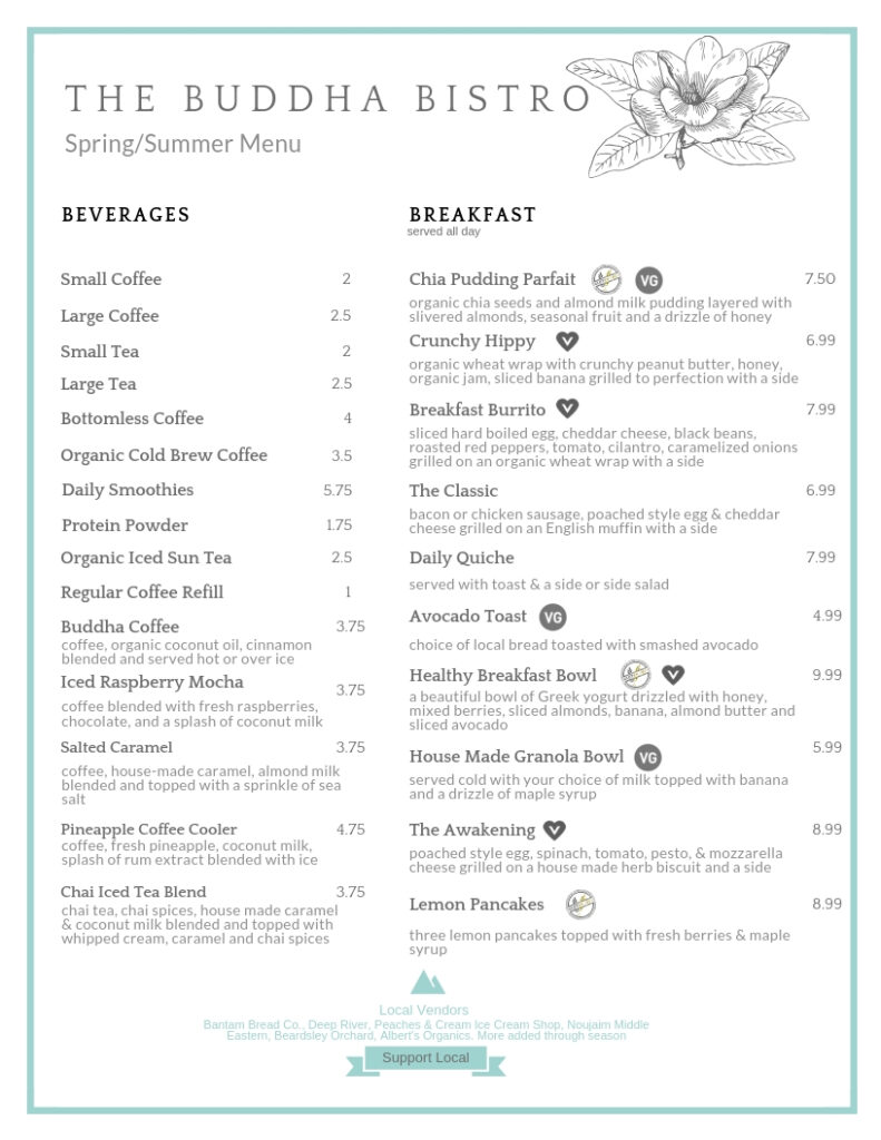 Buddha Bistro Spring Summer menu page 1